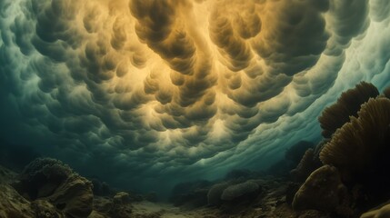 Dramatic Underwater Scene Featuring Unique Cloud Formation and Teal Waters Highlighting Oceanic Landscape with Coral Reefs and Breathtaking Atmospheric Effects