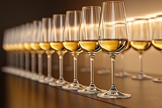 Elegant row of wine glasses filled with golden liquid on a sleek surface