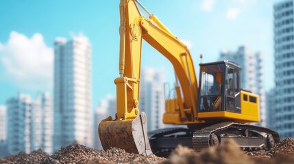 Yellow excavator on a construction site with buildings in the background. Heavy machinery concept.
