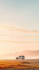 Minimalist landscape featuring a lone SUV driving through an open desert under a pastel sky at golden hour.
