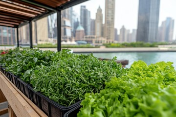 Fresh green vegetables on display with a city skyline backdrop, showcasing healthy eating and urban farming initiatives and offering a vibrant contrast.