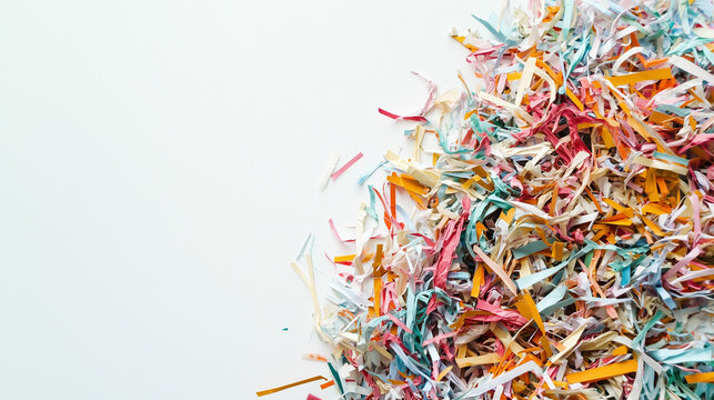 Colorful shredded paper scattered on white background, creating vibrant and dynamic composition. mix of colors includes red, blue, yellow, and pink, adding playful and artistic touch
