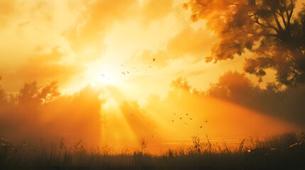 Naklejka premium Euphoria: A Stunning Sunrise Unfolding Over a Vibrant Landscape