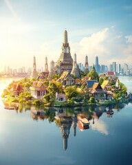 Fototapeta premium Majestic island temple complex reflecting on tranquil water under bright sunlight with cityscape backdrop and blue sky