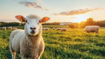 Fototapeta premium Cute lamb in a field at sunset. Livestock and agriculture concept.