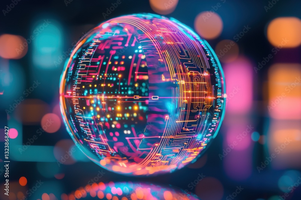 Poster a glowing digital sphere with intricate circuitry patterns, embodying global technology, interconnec