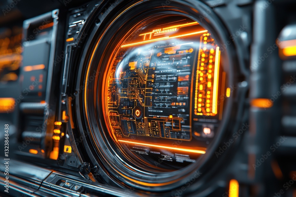 Poster a close-up view of a high-tech interface with orange glowing details, showcasing a complex system of