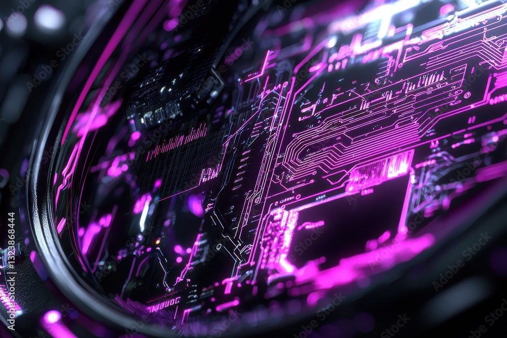 Poster close-up of a futuristic circuit board with neon pink glowing lines and components, set against a da