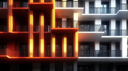 Modern Apartment Building Facade with Orange and White Exterior at Sunset