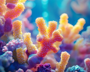 Fototapeta premium A hyper-realistic macro photograph of a vibrant coral reef teeming with glowing corals.