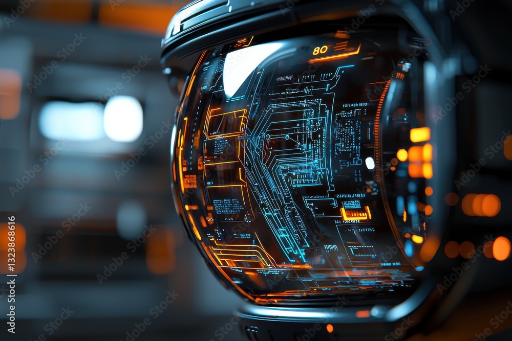 Poster a high-tech device display with digital circuit schematics and data streams, illustrating advanced t