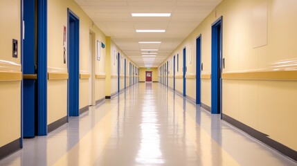 Obraz premium Clean hospital corridor with yellow walls, blue doors, and polished floor reflecting lights