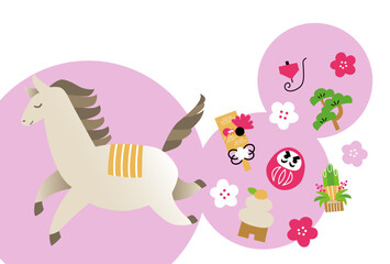 午年年賀状テンプレート　シンプルな馬とお正月イメージのアイテム