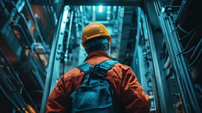 Industrial elevator technician maintenance in urban building shaft