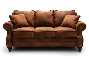 Fototapeta premium Classic Brown Leather Sofa with Rolled Arms and Nailhead Trim, Elegant Living Room Furniture, Cozy and Stylish Seating, Luxury Home Decor, Vintage-Inspired Couch, Comfortable Upholstered Sofa