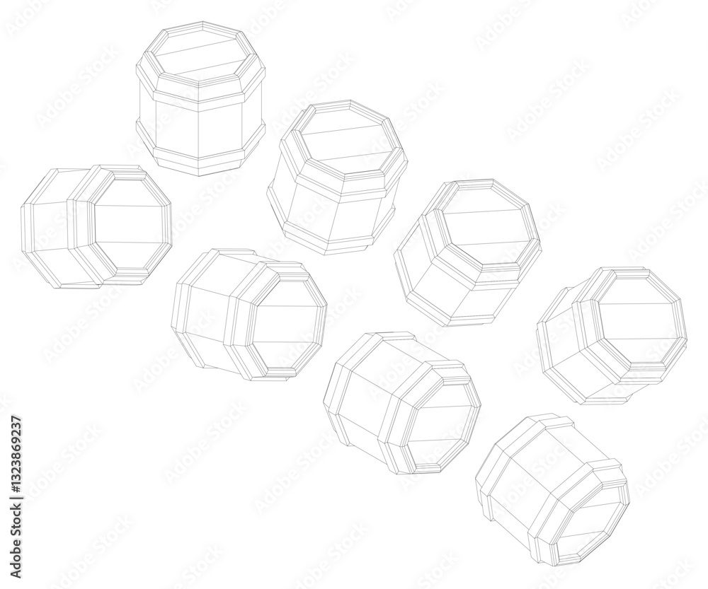 Poster a set of barrels are drawn in black and white. the barrels are all the same size and shape, and they
