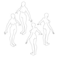 Four women are shown in a white background. The women are all in different poses, with one standing and the other three sitting. Scene is calm and peaceful, with the women appearing to be relaxed. Iso