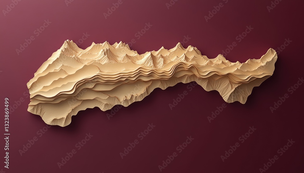 Poster isometric view of a stylized topographic map rendered in warm tones against a dark red background