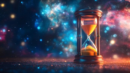 Time Distortion: An Ancient Hourglass Bathed in Vibrant Colors Against a Starry Night Sky of Infinite Galaxies