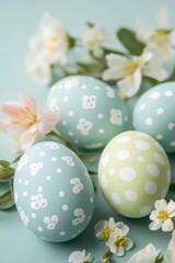 Fototapeta premium Decorated Easter Eggs with Spring Flowers on Pastel Background