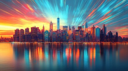 Fototapeta premium A colorful futuristic city skyline reflecting in the water below