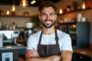Fototapeta premium A cheerful young barista standing confidently in a modern cafe. Warm lighting