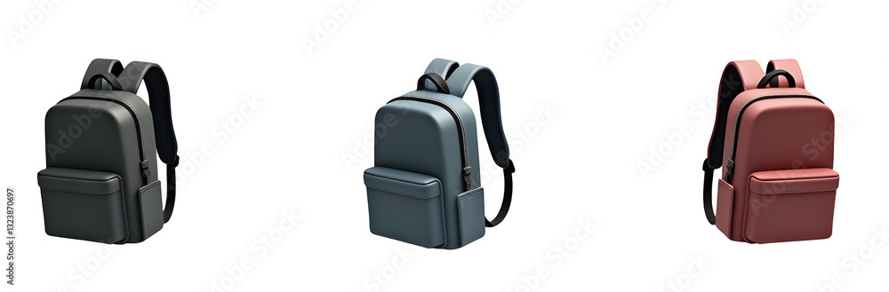 Poster a collection of three stylish backpacks in different colors, showcasing modern design and functional