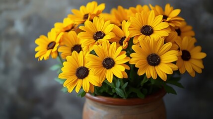 Obraz premium A cheerful bouquet of bright yellow flowers, their cheerful faces turned towards the viewer in a decorative pot, stood against a muted gray backdrop, adding splashes of color and warmth to the scene.