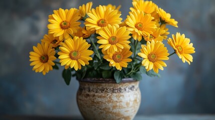 A cheerful bouquet of bright yellow flowers, their cheerful faces turned towards the viewer in a decorative pot, stood against a muted gray backdrop, adding splashes of color and warmth to the scene.