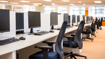 Fototapeta premium Modern office workspace with multiple computer stations and ergonomic chairs in a bright environment
