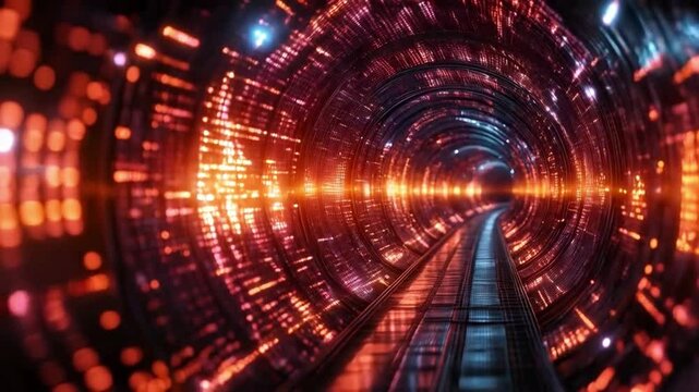 A colorful tunnel filled with illuminated patterns illustrates the principles of quantum computing, showcasing concepts such as superposition and entanglement within a high-tech environment.