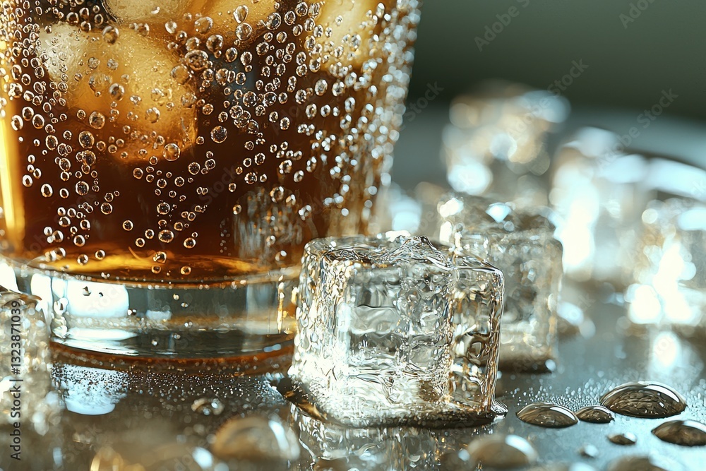 Poster a refreshing and bubbly glass of cola with ice cubes, perfectly capturing the effervescence and cool