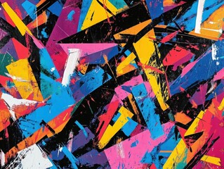 Abstract Burst of Colors: A vibrant and dynamic artwork, composed of a chaotic yet harmonious arrangement of fractured shapes, lines, and splashes.