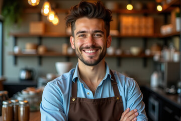 Obraz premium A cheerful young barista standing confidently in a modern cafe. Warm lighting