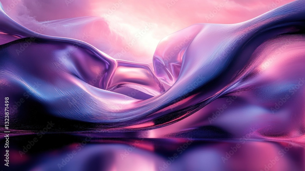 Poster three-dimensional abstract iridescent metallic drapery floating above water with reflection