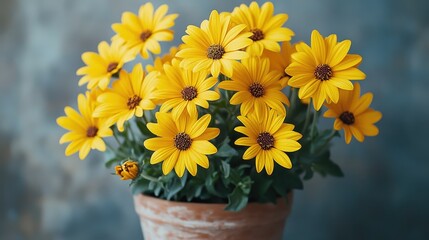 Obraz premium A vibrant cluster of bright yellow flowers, their faces tilted upwards in a cheerful display, nestled in a terracotta pot against a neutral gray background, a touch of sunshine in the heart of a