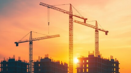 Construction site at sunset with cranes and buildings. Concept of construction, development, and urban growth.