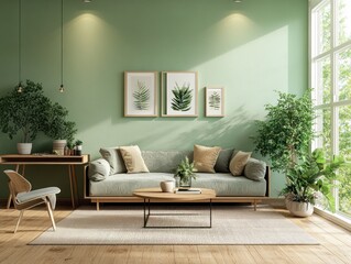 Scandinavian Minimalist Living Room with Green Accent Wall and Modern Furniture