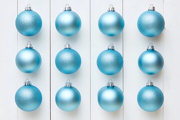 Blue balls hanging on white wooden wall background