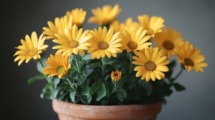 A vibrant cluster of bright yellow flowers, their faces tilted upwards in a cheerful display, nestled in a terracotta pot against a neutral gray background, a touch of sunshine in the heart of a