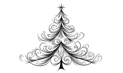 Elegant swirling christmas tree design with decorative patterns, line art, holiday icons set, vector, linear.