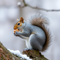 Obraz premium Eastern gray squirrel or Sciurus carolinensis on a cold winters day holding a nut. It is a tree squirrel and prodigious and ecologically essential forest regenerator.