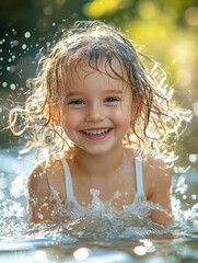 Fototapeta premium Young girl enjoys splashing in the water on a sunny day