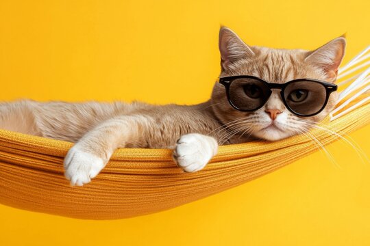 A stylish cat lounging in a hammock with sunglasses on a bright yellow background