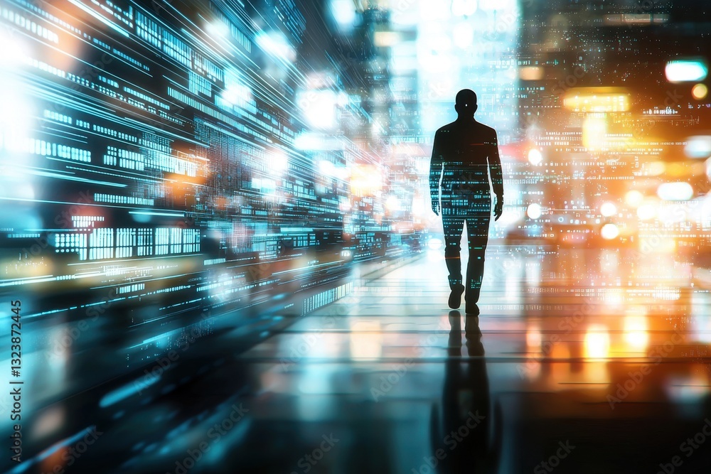 Poster a futuristic silhouette of a person walking through a digital cityscape, overlaid with abstract code