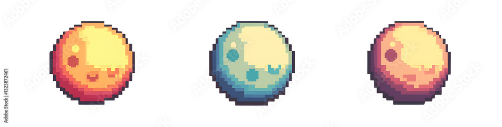 Poster three pixel art moons with varying colors and expressions, showcasing a whimsical and playful design