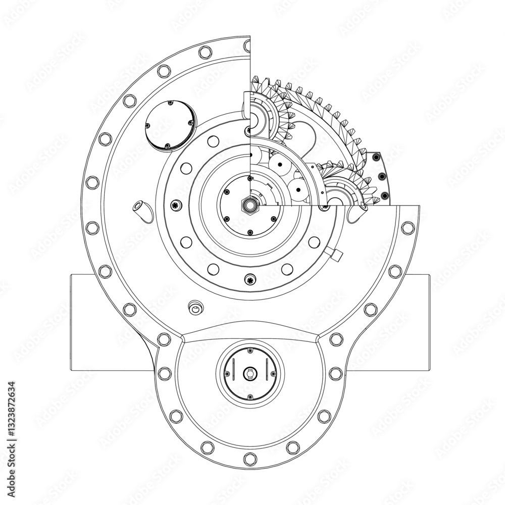 Poster a mechanical device with a large gear and a smaller gear. the gears are connected by a series of bol