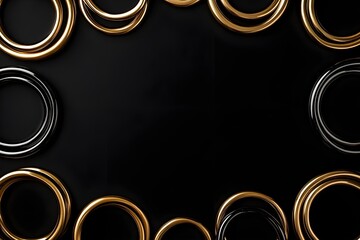 Black background with shiny metal rings overlapping, minimalist and geometric.