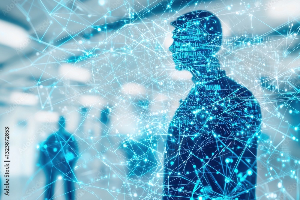 Poster a digital network connecting a silhouette of a man, conveying connection, artificial intelligence, a