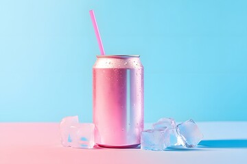 Canned drink with a straw and ice cubes on a colored background. A pink can of soda drink with ice in light pastel colors, in a minimalistic style, mock-up photography style